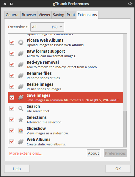 Enabling «Save images» extension in gThumb