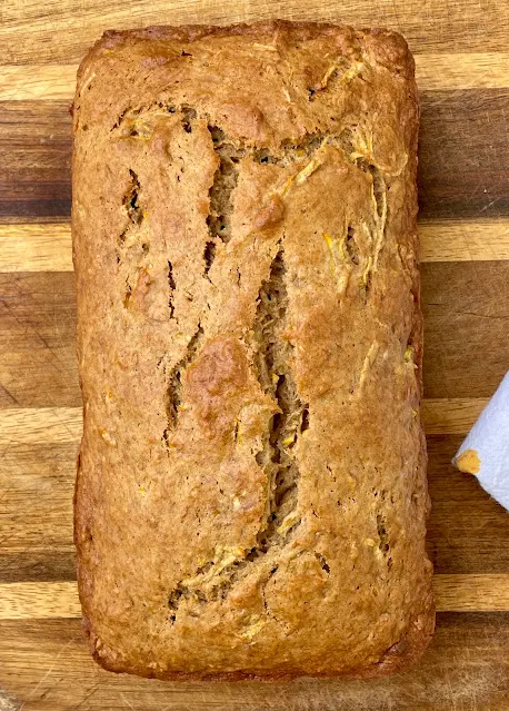 Finished loaf of yellow squash banana bread.