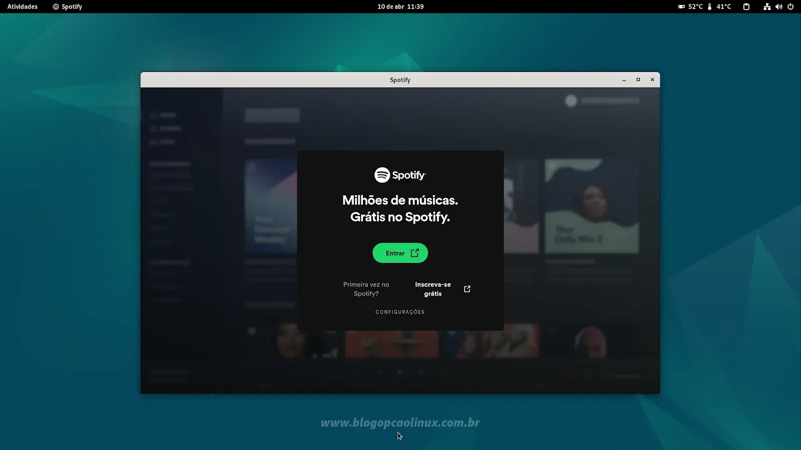 Spotify Client executando no Debian 12.5 'Bookworm', com o ambiente de área de trabalho GNOME