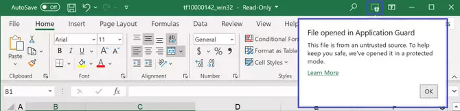 Office files from untrusted source opened with Application Guard enabled