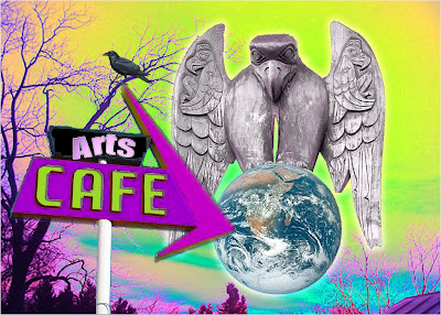 Arts Café, digital collage by Ron Greenaway, carving by Laverne Roy Baines and © City of Duncan