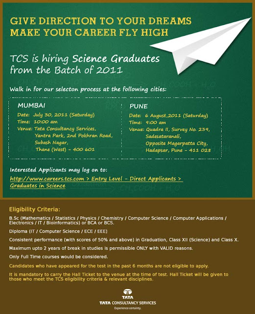 TCS is hiring Science Graduates from the Batch of 2011