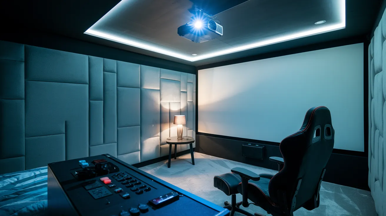 Gaming room with a ceiling-mounted projector and a large blank wall for big-screen gaming experiences.