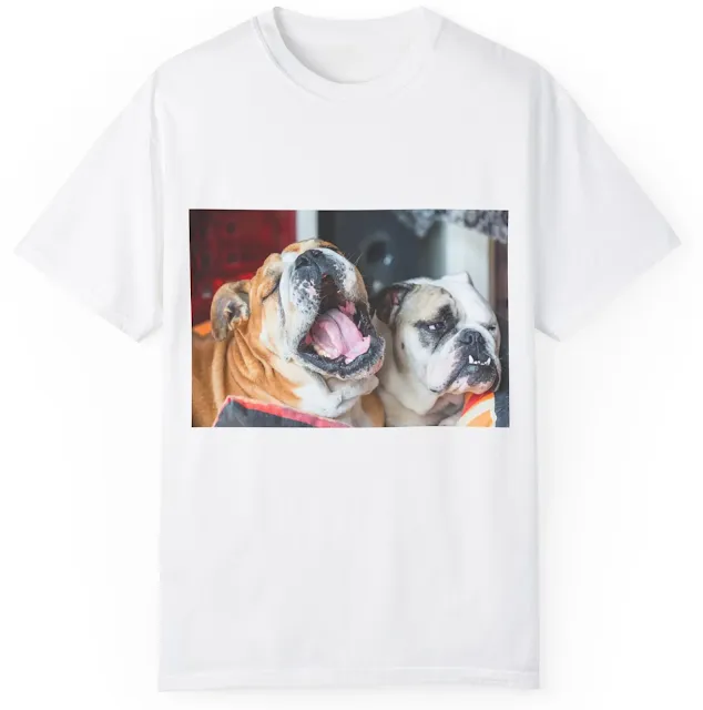 Unisex Garment Dyed T-Shirt With Two English Bulldogs Together. One Dog is Sleeping Mouth Opened