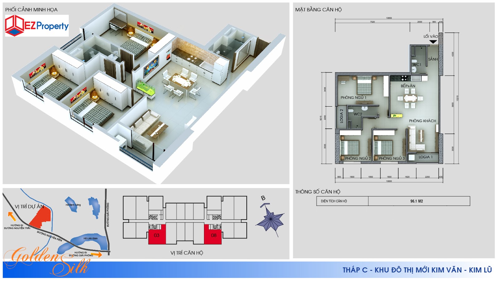 căn hộ 3 phòng ngủ diện tích 96,1 m2: 03 ; 08.