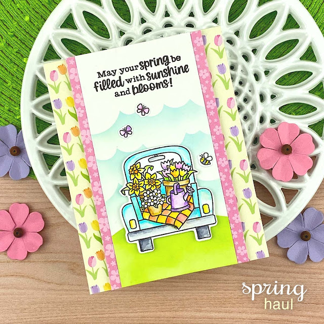 Spring Truck Card by Jennifer Jackson | Spring Haul Stamp Set, Spring Blooms Paper Pad and Clouds Stencil by Newton's Nook Designs