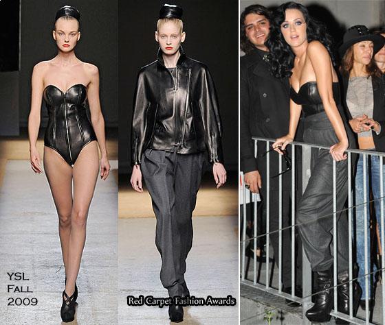 Katy Perry’s look was head-to-toe YSL as she paired the leather bustier with dark gray pants