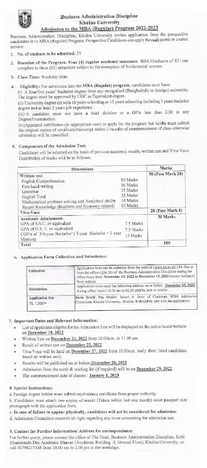 KU MBA Admission Circular 2023