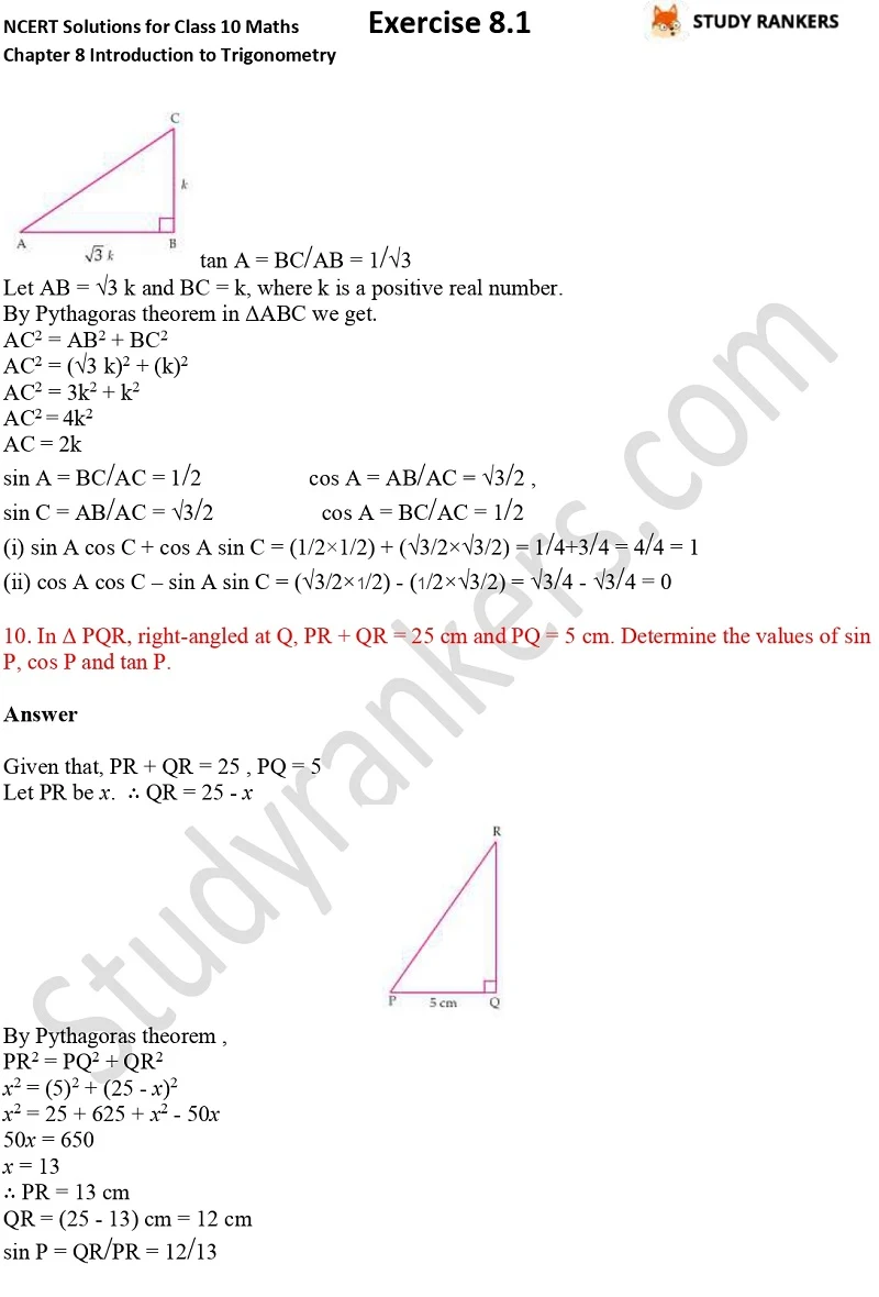 NCERT Solutions for Class 10 Maths Chapter 8 Introduction To Trigonometry Exercise 8.1 Part 6