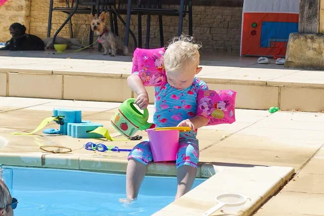 Dogs in the shade and a toddler playing with water