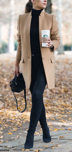 awesome winter trends / nude coat + black skinnies + high neck sweater + bag + boots