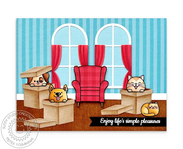 Sunny Studio Cat & Dog in Cardboard Box Card (using Perfect Gift Boxes, Wonderful Windows Dies, Cozy Christmas Stamps & Sleek Stripes Paper)