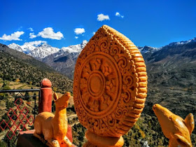 Shashur Gompa and the snow capped peaks of Keylong, Himachal Pradesh