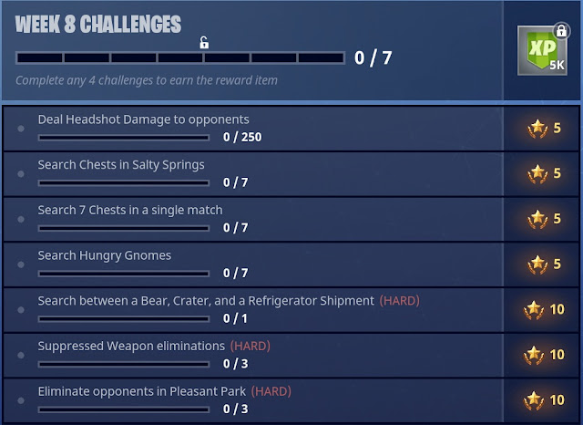 Fortnite Season 4 Week-8 Challenge List showing all the seven challenges