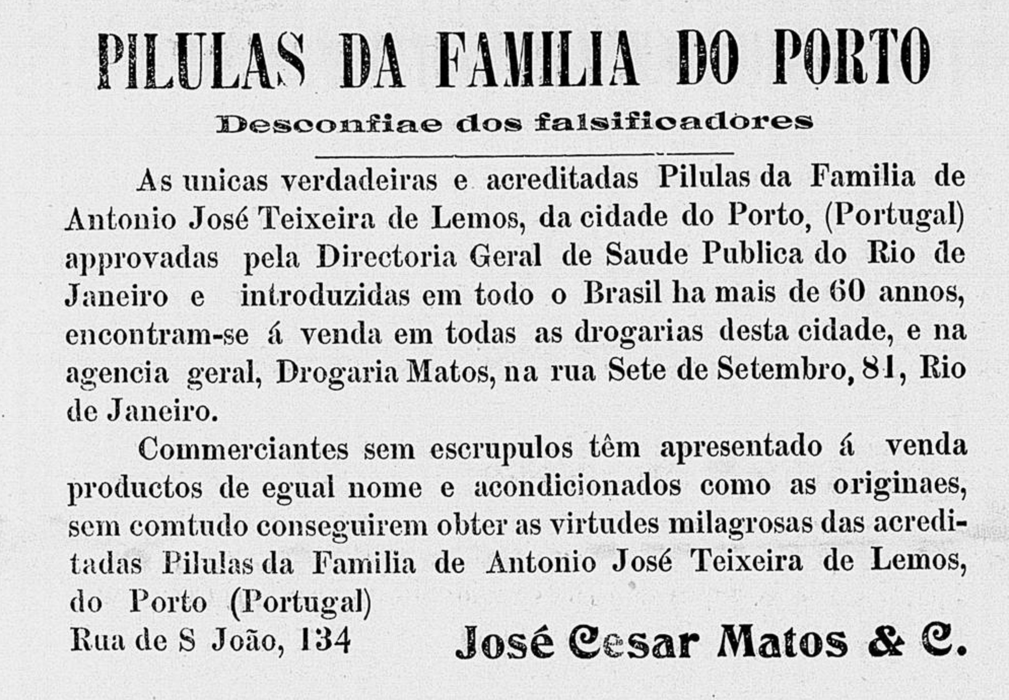 Anúncio das Pílulas da Família do Porto veiculada em 1912 informando sobre falsificações do produto no mercado