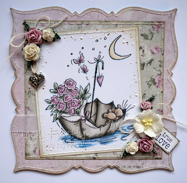 Romantic floral card featuring cute mice in an umbrella