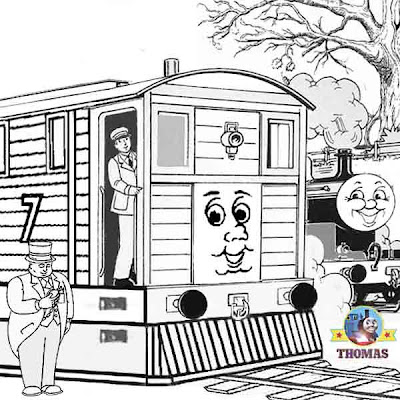 Printable train James and Thomas colouring pages for children with Tram Toby and the stout gentleman