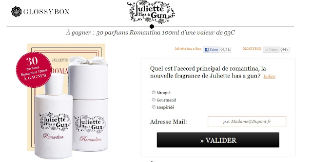 Jeu concours Juliette has a gun & Glossybox: 30 parfums Romantina à gagner