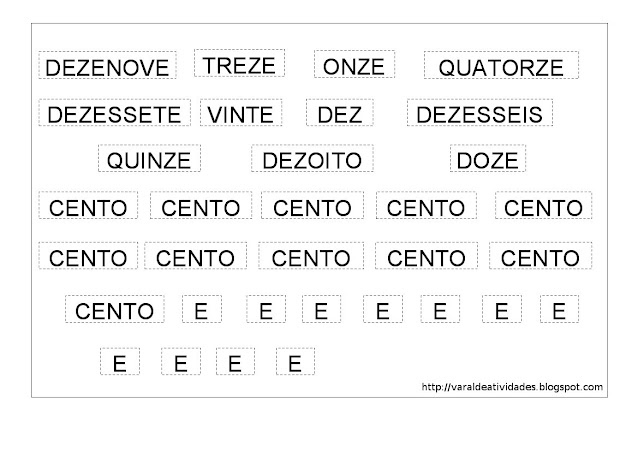 escrita dos numerais para recortar e colar de acordo com o número correspondente