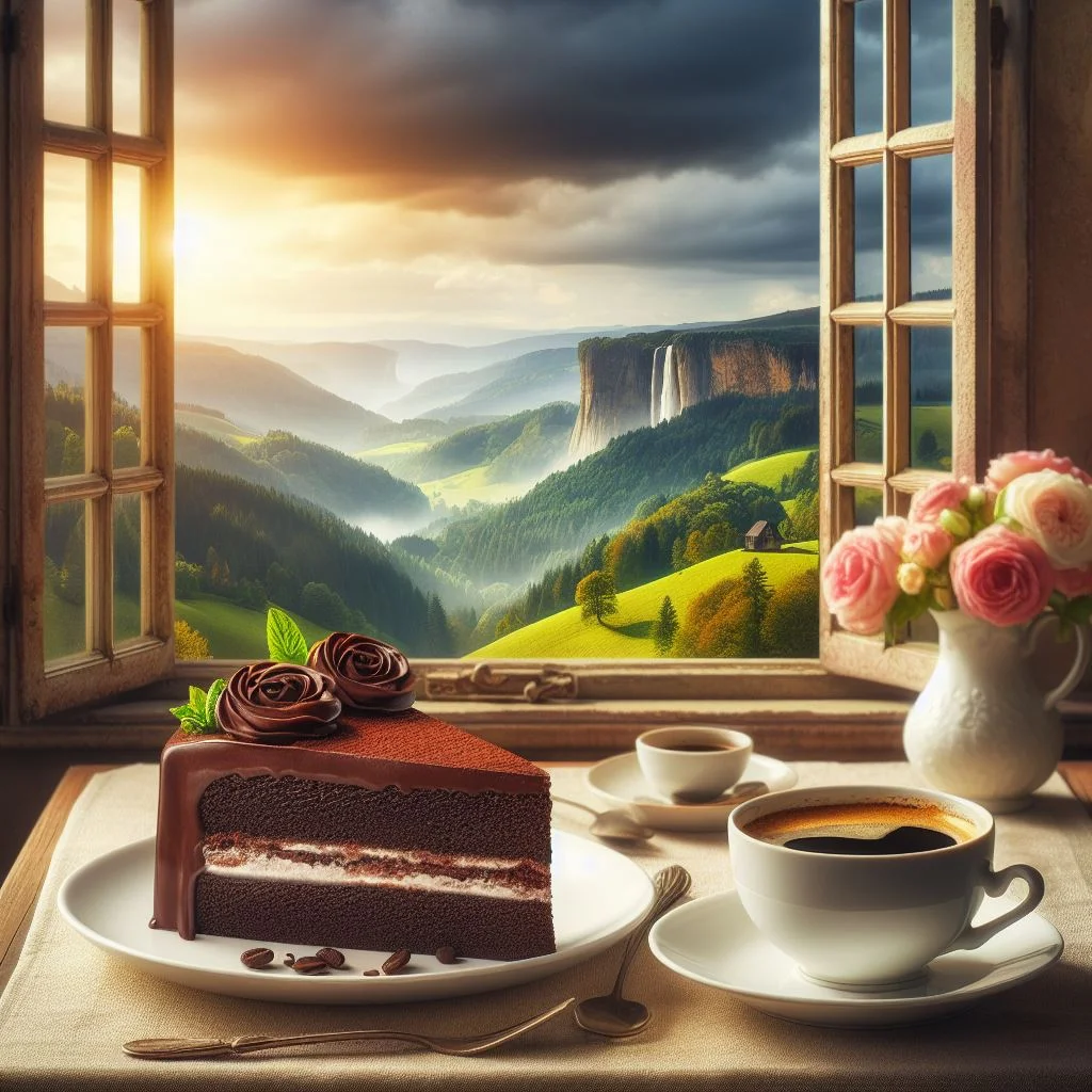 plato de pastel de chocolate frente a una ventana con vista al campo