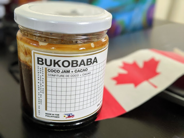 A bottle of Coco Jam + Cacao from Bukobaba with a Canadian Flag