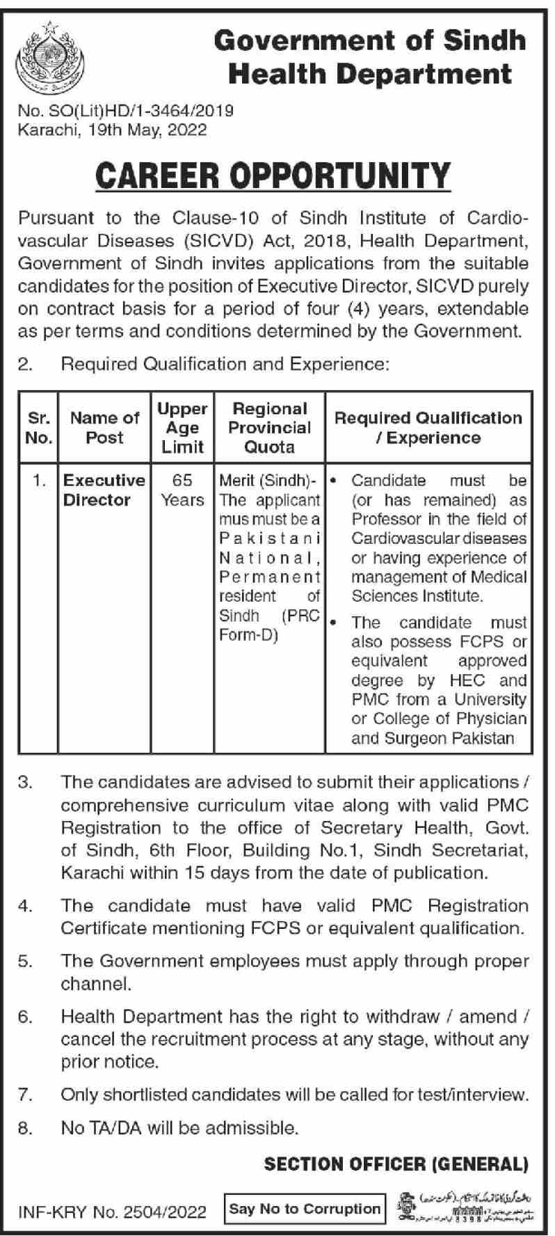 Latest Health Department Management Posts Karachi 2022