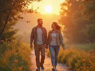 رجل وامرأة يمشيان في الهواء الطلق وقت الغروب لتعزيز الصحة العقلية والجسدية