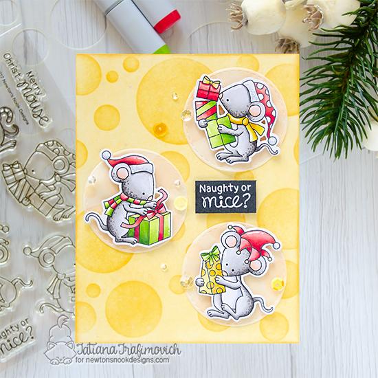 Holiday Mouse Card by Tatiana Trafimovich | Naughty or Mice Stamp Set & Bokeh Stencil by Newton's Nook Designs #newtonsnook