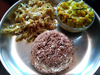 Finger millet sweet puttu, Snake gourd koottu, Cabbage poriyal