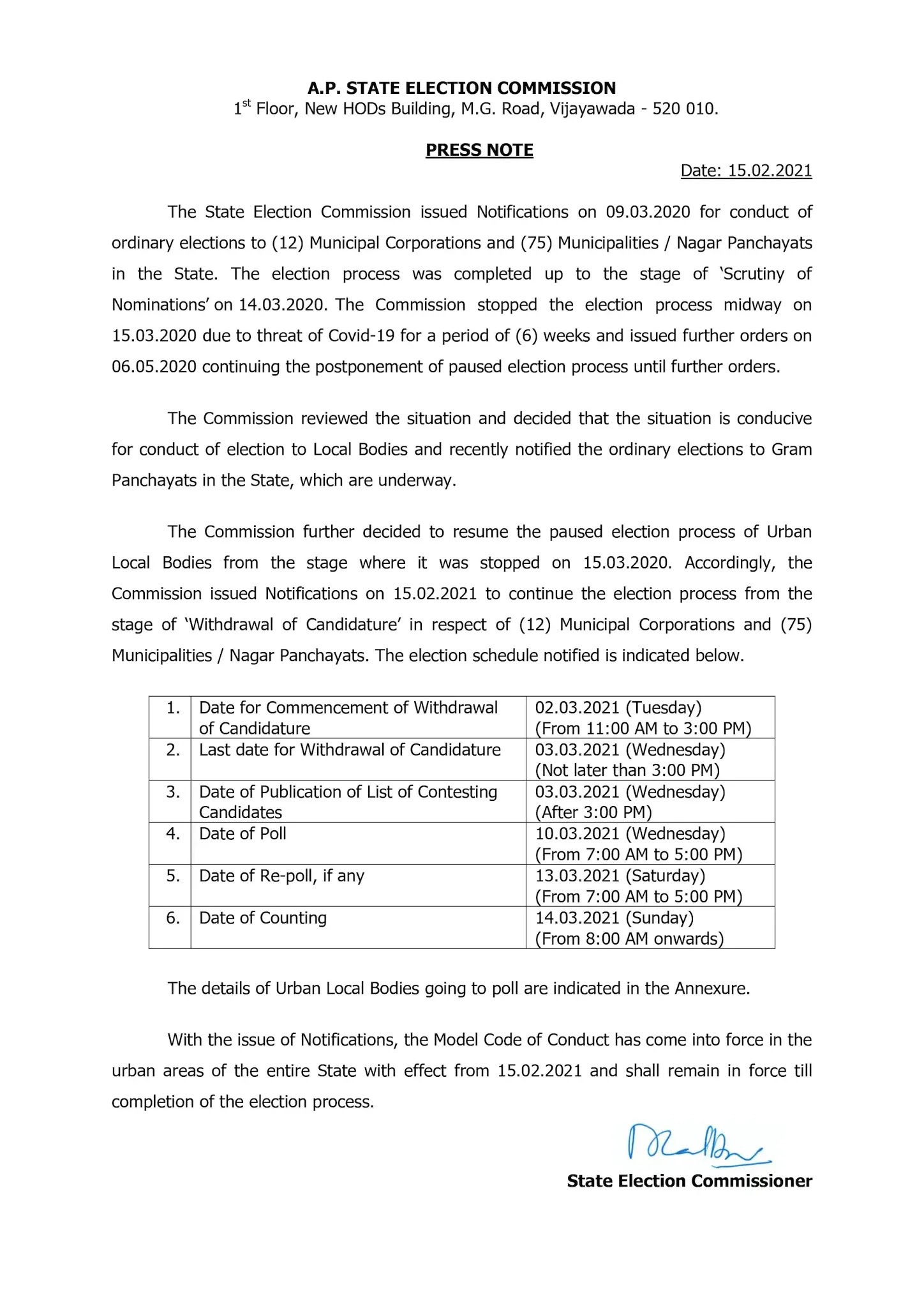 AP Municipal Elections Schedule 2021