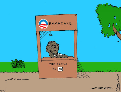 peanuts style drawing barack obama sitting behind obamacare booth chin in hand worried cobwebs the doctor is in