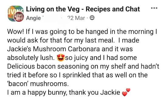 Reader's positive comment about vegan mushroom carbonara