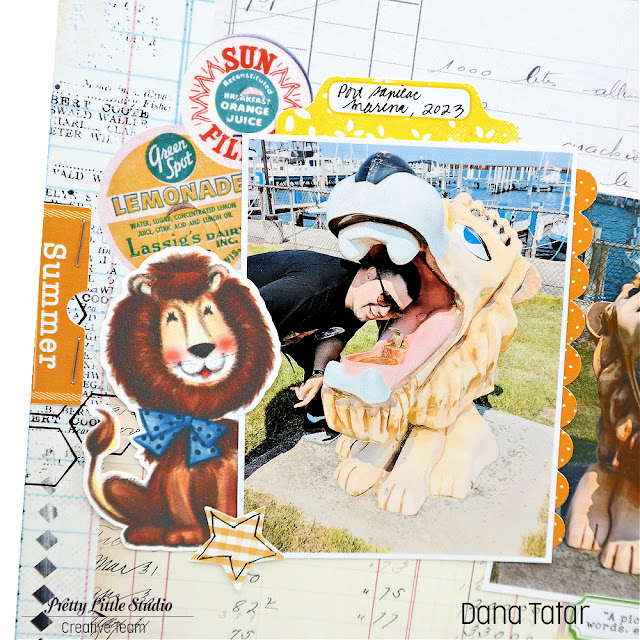Monochromatic Orange Summer Vacation Lion Drinking Fountain Fun Scrapbook Layout Created Using the Pretty Little Studio Collage Ledger and Accent Papers and Die-Cuts