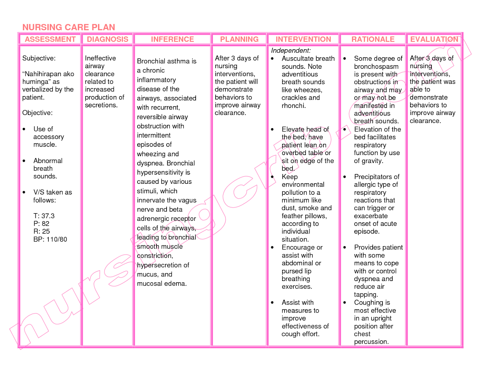 nursing plan what care Care plan care Asthma   Examples Nursing Plan nursing