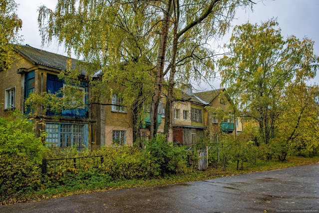 Старое кирпичное здание за заросшим палисадником