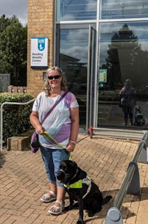 Guide Dog Oakley: Photo to of Mum and me outside the Guide Dogs Reading Mobility Team HQ, Winnersh Triangle, Reading, Berkshire.