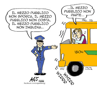 polveri sottili, trasporto pubblico, mezzi pubblici, inquinamento, mobilità sostenibile, vignetta satira