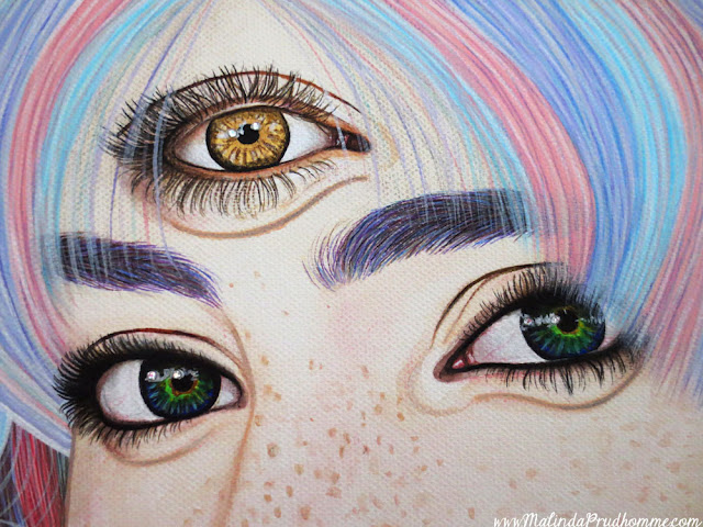 art, artist, artwork, portrait, portrait painting, portrait artist, toronto portrait artist, toronto art, see with your soul, soul, spirit, eyes, golden eye, multicoloured eyes, cotton candy hair, beauty, beauty art, malinda prudhomme, lips, portraiture, realism, mixed media, mixed media artist, face