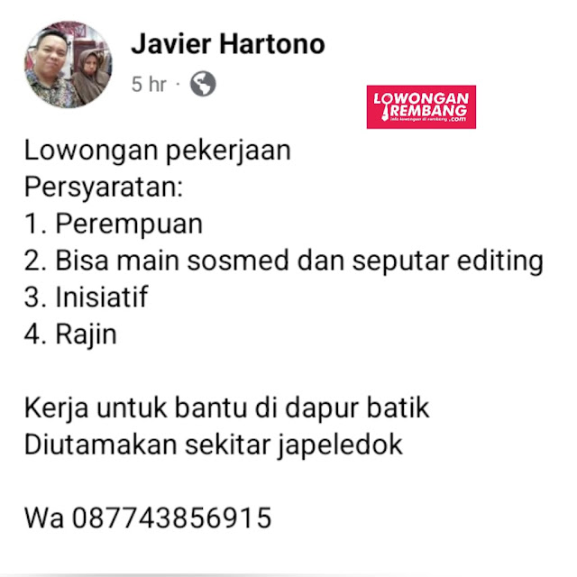 Lowongan Kerja Pegawai Bantu Dapur Batik Rembang Tanpa Syarat Ijazah