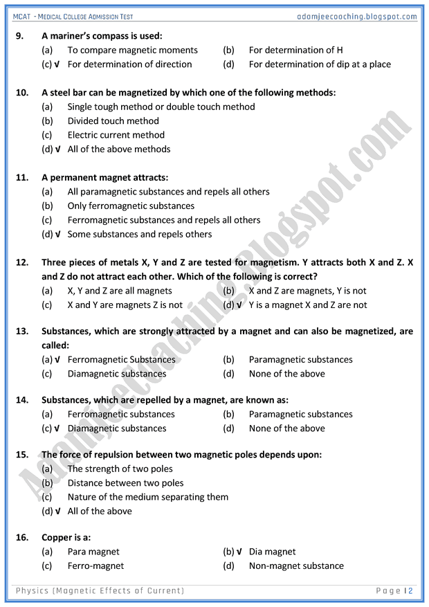 mcat-physics-magnetic-effects-of-current-mcqs-for-medical-entry-test