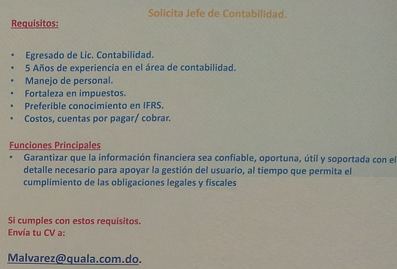 Empresa Quala solicita Jefe de Contabilidad