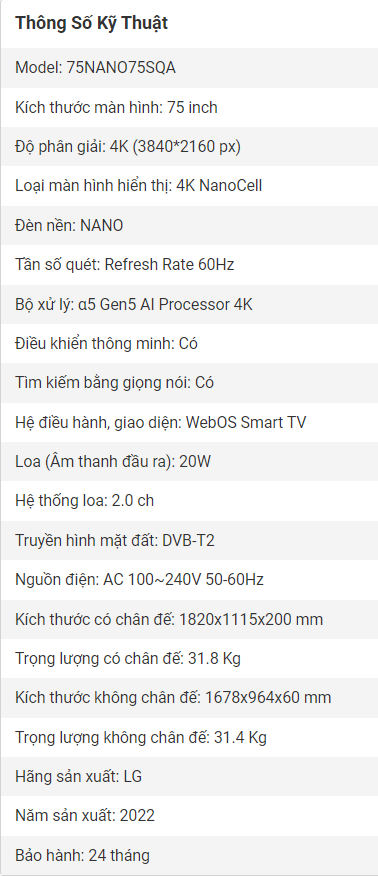 Smart Tivi LG 75 Inch 4K NanoCell 75NANO75SQA