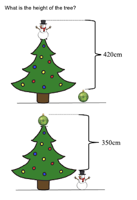 A tree with a snowman on top has a height that is 420 cm taller than a ball. A tree with a ball on top has a height that is 350cm taller than a snowman. What is the height of the tree?