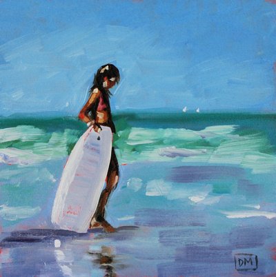 beach painting, girl with boogie board, blue, waves, debbiemillerpainting.blogspot.com