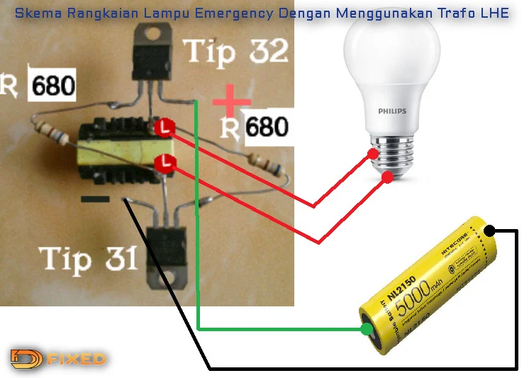 Skema diagram untuk membuat  lampu emergency dengan trafo LHE
