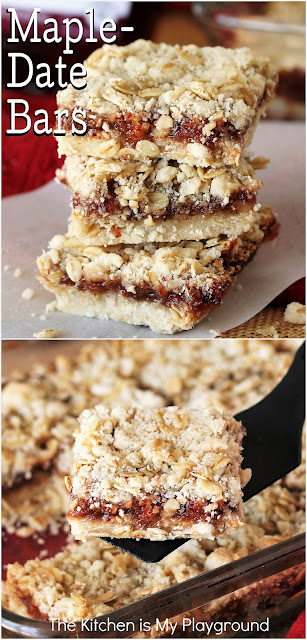 Maple-Date Bars ~ With their tasty homemade date & maple jam filling sandwiched between a crumb crust and topping, Maple-Date Bars are loaded with fabulous flavor. They're a perfect simple sweet treat dessert, breakfast bite, or afternoon snack.  www.thekitchenismyplayground.com