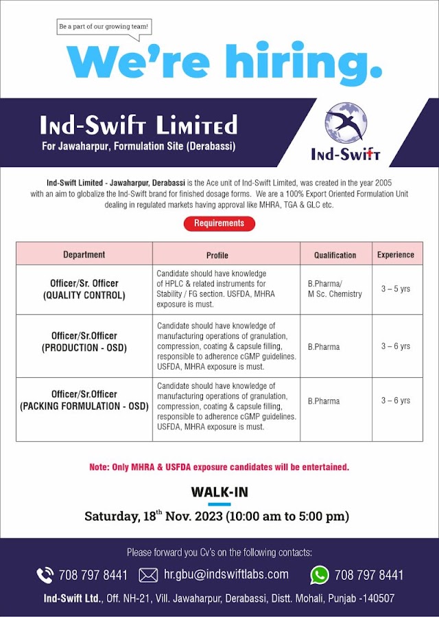 Ind-Swift Laboratories | Walk-in interview for Prod, Packing & QC on 18th Nov 2023