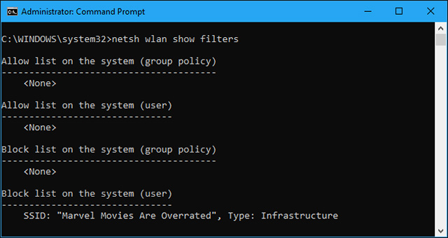 netsh wlan削除フィルタ権限= allow ssid = "WIFI NAME" networktype =インフラストラクチャ