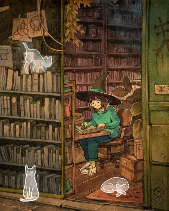 02-Library-with-ghost-cats-Simone-Ferriero-www-designstack-co