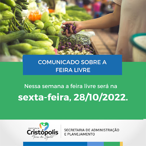 Devido as ELEIÇÕES no próximo domingo, feira livre será nesta sexta-feira em Cristópolis